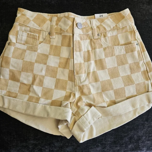 NWT PACSUN Tan Checkerboard Denim Mom Shorts Cuffed Hem 24 0 XS - Picture 5 of 7